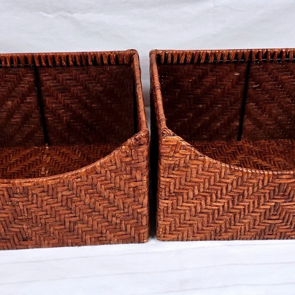Set of 2 Woven Wicker Storage Baskets Brown Chevron Sloped‎ Farmhouse Organizer